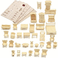 34pcs 3D Wooden Dollhouse Furniture Puzzle DIY House Room Furniture Set