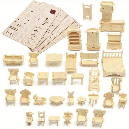 34pcs 3D Wooden Dollhouse Furniture Puzzle DIY House Room Furniture Set
