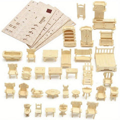 34pcs 3D Wooden Dollhouse Furniture Puzzle DIY House Room Furniture Set