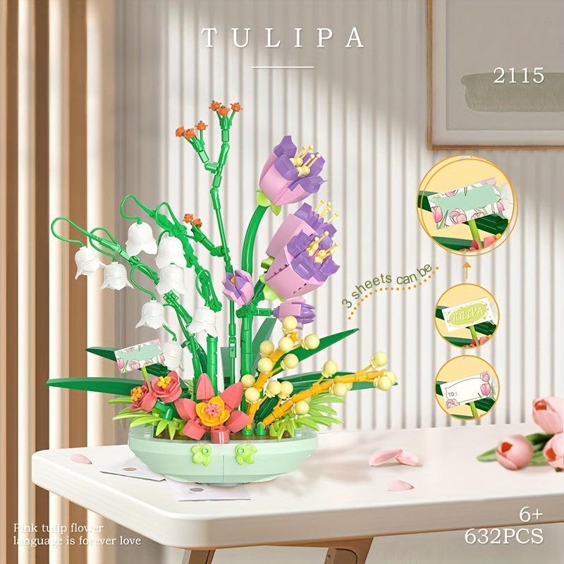 632pcs Particle Building Blocks Fragrant Spring Flowers Potted Decor