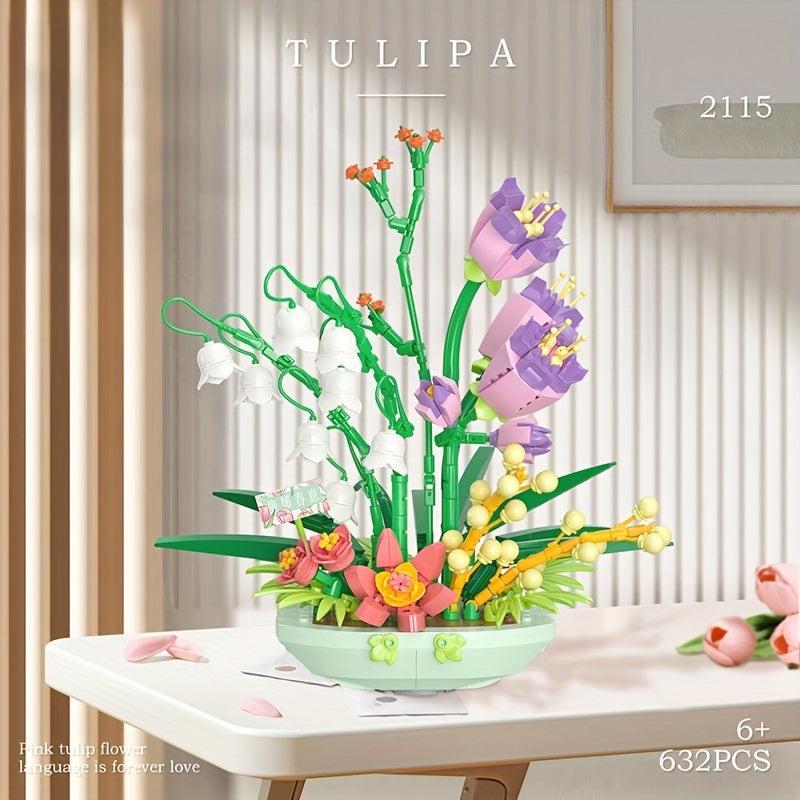 632pcs Particle Building Blocks Fragrant Spring Flowers Potted Decor