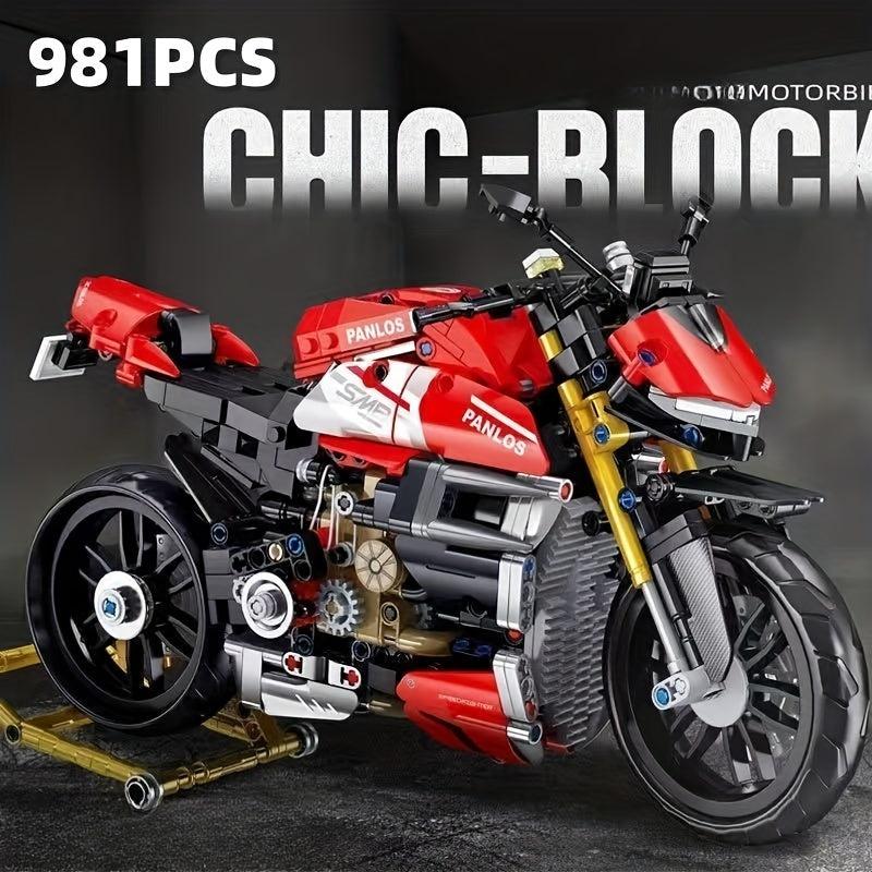 981pcs Red Motorcycle Locomotive Building Blocks Set
