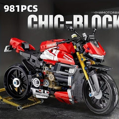 981pcs Red Motorcycle Locomotive Building Blocks Set
