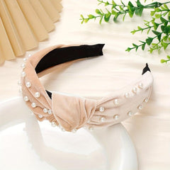 Knotted Faux Pearl Charm Wide Brim Hair Hoop for Women
