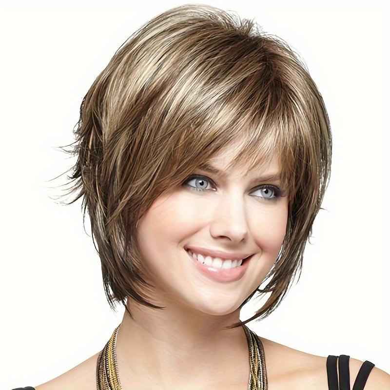 Short Bob Brown Gradient Wig with Bangs Layered Natural Fluffy Look