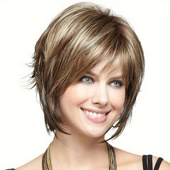 Short Bob Brown Gradient Wig with Bangs Layered Natural Fluffy Look