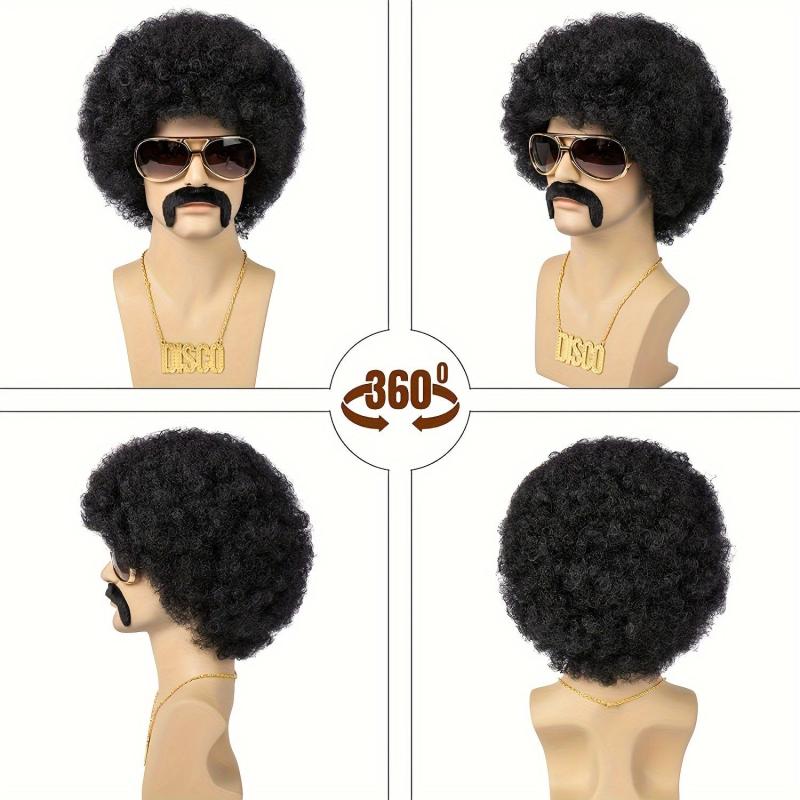 70s Costume Disco Set Afro Wig Glasses Necklace Beard Net