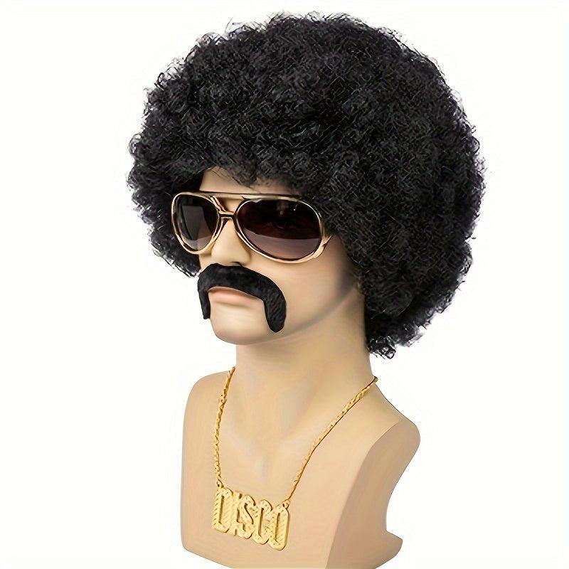 70s Costume Disco Set Afro Wig Glasses Necklace Beard Net