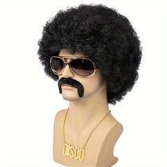70s Costume Disco Set Afro Wig Glasses Necklace Beard Net