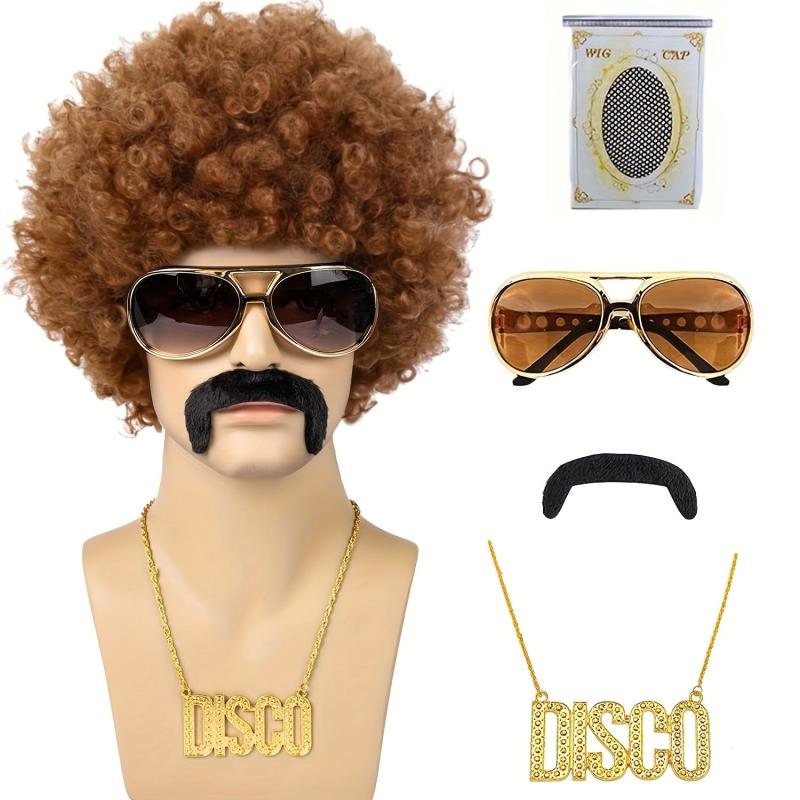 70s Costume Disco Set Afro Wig Glasses Necklace Beard Net