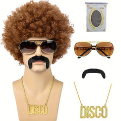 70s Costume Disco Set Afro Wig Glasses Necklace Beard Net