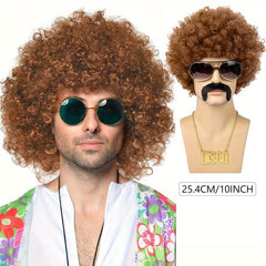 70s Costume Disco Set Afro Wig Glasses Necklace Beard Net