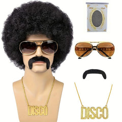 70s Costume Disco Set Afro Wig Glasses Necklace Beard Net