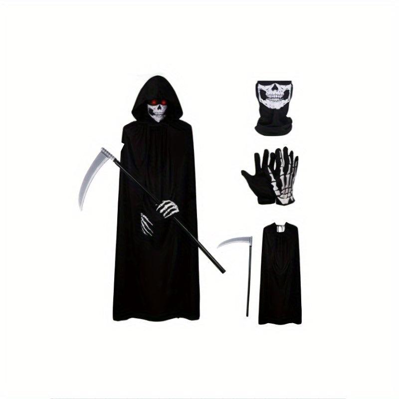 Halloween Grim Reaper Costume Set with Cloak, Mask, Sickle, Gloves - Party Props