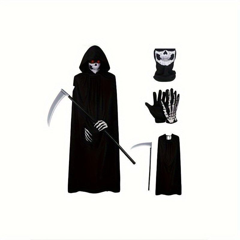 Halloween Grim Reaper Costume Set with Cloak, Mask, Sickle, Gloves - Party Props