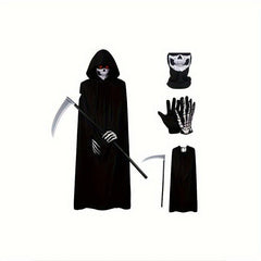 Halloween Grim Reaper Costume Set with Cloak, Mask, Sickle, Gloves - Party Props