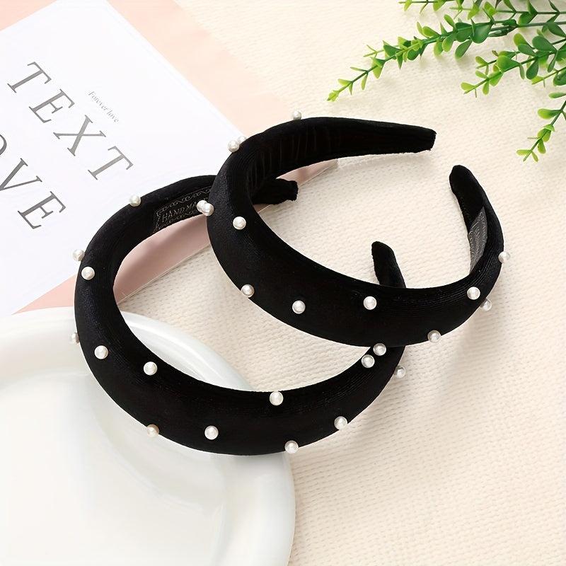 Wide Brim Velvet Headband with Faux Pearl Charms for Women Girls