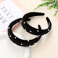 Wide Brim Velvet Headband with Faux Pearl Charms for Women Girls