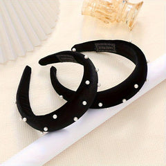 Wide Brim Velvet Headband with Faux Pearl Charms for Women Girls
