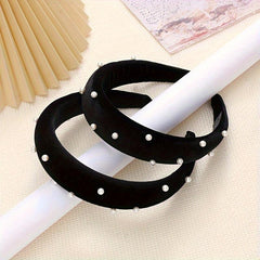 Wide Brim Velvet Headband with Faux Pearl Charms for Women Girls
