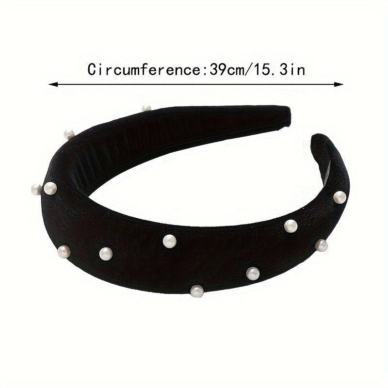 Wide Brim Velvet Headband with Faux Pearl Charms for Women Girls