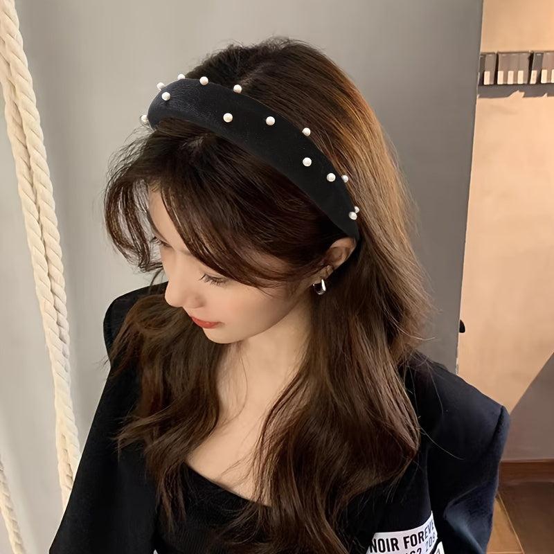 Wide Brim Velvet Headband with Faux Pearl Charms for Women Girls