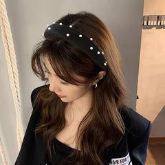 Wide Brim Velvet Headband with Faux Pearl Charms for Women Girls