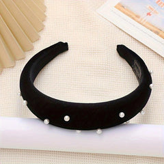 Wide Brim Velvet Headband with Faux Pearl Charms for Women Girls