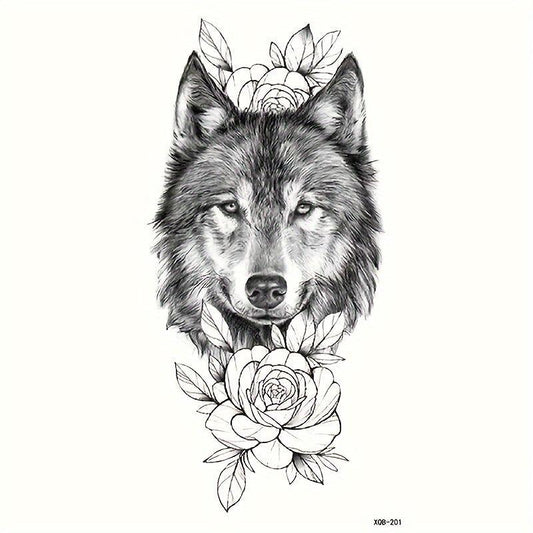 Wolf & Flower Pattern Temporary Tattoo Waterproof Long-lasting Tattoo