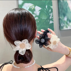 2pcs Rhinestone Sunflower Mesh Hair Ring Ponytail Hair Rope Headdress