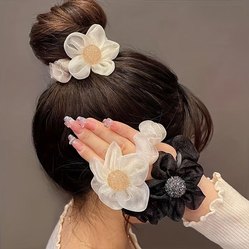 2pcs Rhinestone Sunflower Mesh Hair Ring Ponytail Hair Rope Headdress