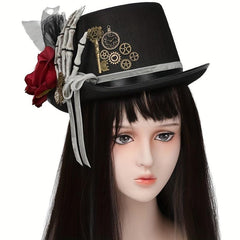 Gothic Skull Skeleton Steampunk Top Hat Rose Flower Halloween Hat