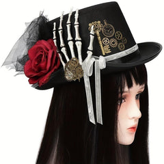 Gothic Skull Skeleton Steampunk Top Hat Rose Flower Halloween Hat