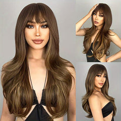 Long Curly Fluffy Wig With Bangs Natural Looking Heat Resistant Synthetic Wig
