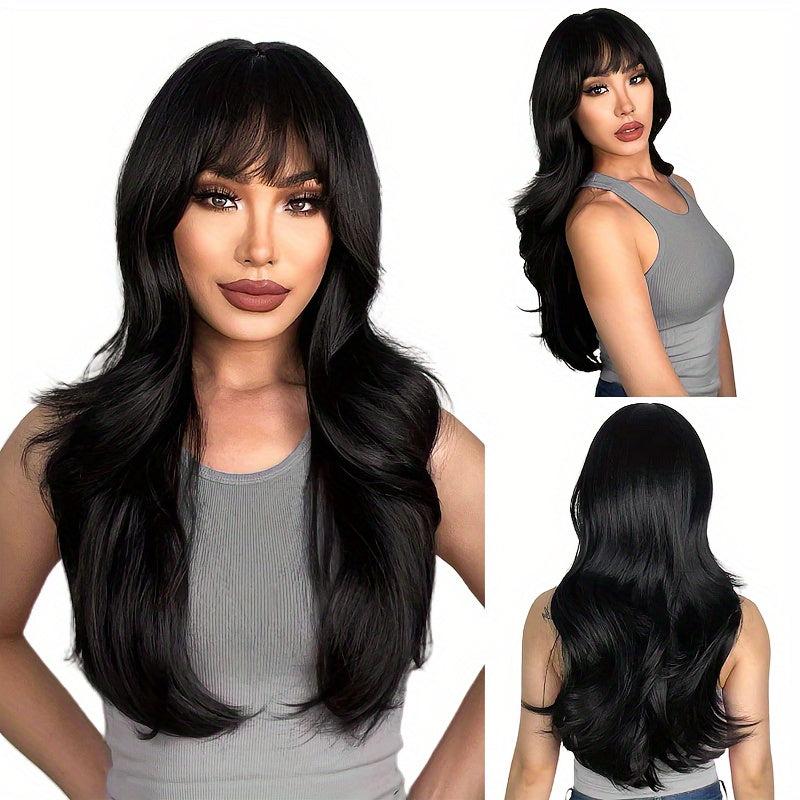 Long Curly Fluffy Wig With Bangs Natural Looking Heat Resistant Synthetic Wig