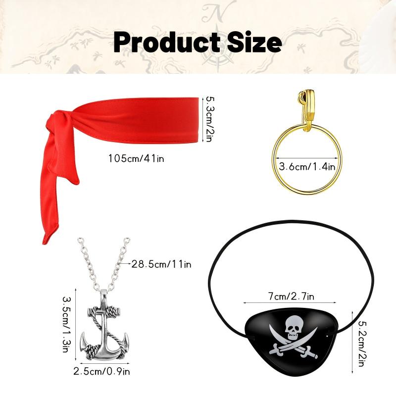 4Pcs Pirate Costume Eye Patch Bandana Necklace Earrings Set Halloween Cosplay