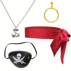 4Pcs Pirate Costume Eye Patch Bandana Necklace Earrings Set Halloween Cosplay