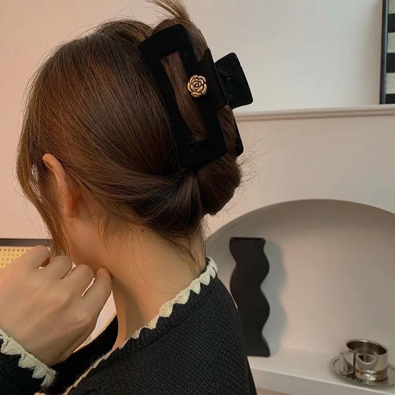 1Pc Camellia Flocking Hair Clips Women's Hair Accessories