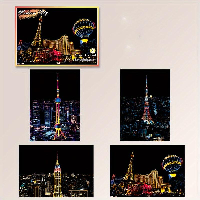 4pcs Dazzling Night Style Postcards Scratch Art DIY Kit