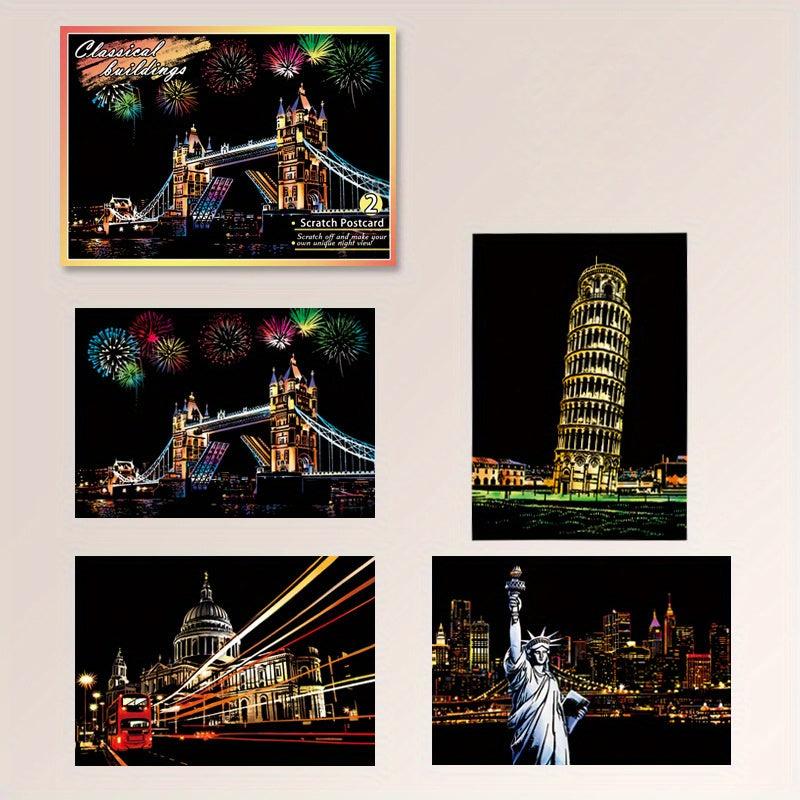 4pcs Dazzling Night Style Postcards Scratch Art DIY Kit