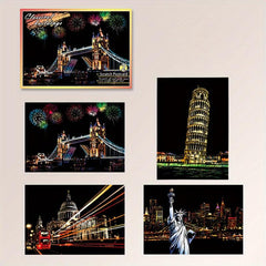 4pcs Dazzling Night Style Postcards Scratch Art DIY Kit