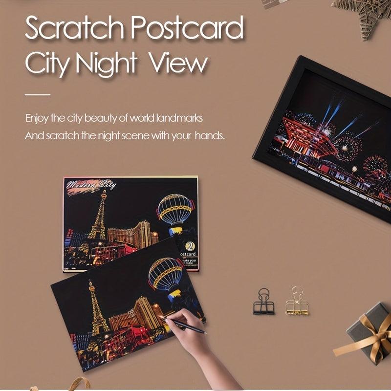 4pcs Dazzling Night Style Postcards Scratch Art DIY Kit