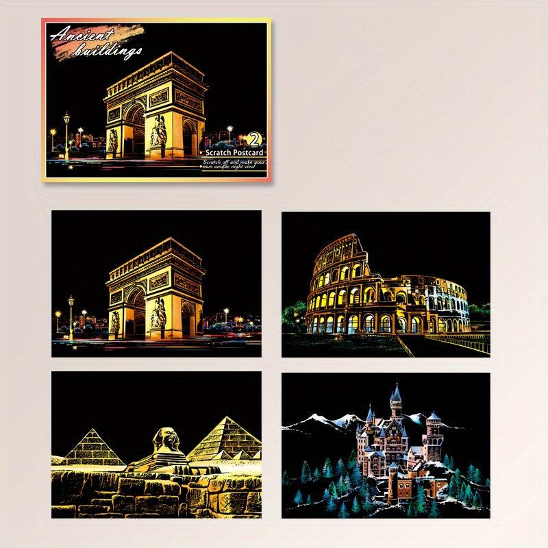 4pcs Dazzling Night Style Postcards Scratch Art DIY Kit