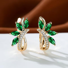 Marquise Cut Green Stone Leaf Clips Earrings