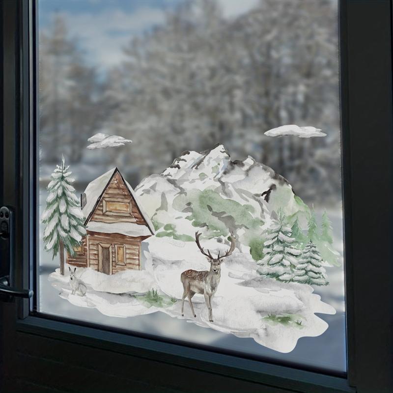 Christmas PVC Glass Film Reindeer Wooden House Double Sided Glass Sticker