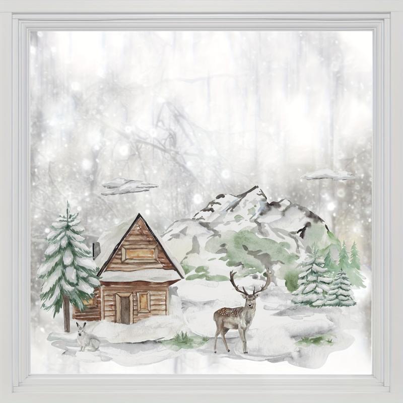 Christmas PVC Glass Film Reindeer Wooden House Double Sided Glass Sticker