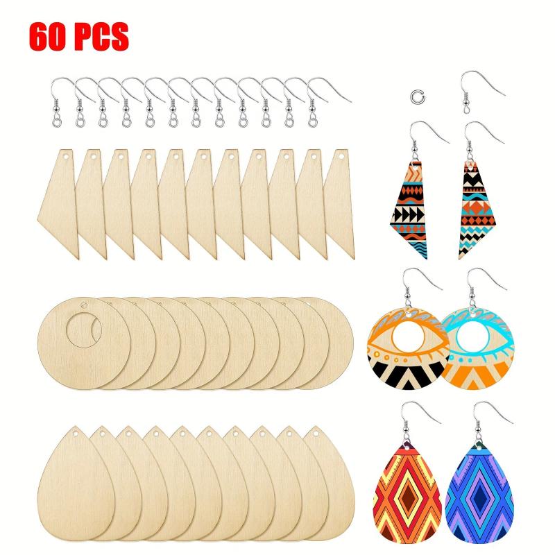 60pcs Unfinished Wooden Earrings Pendants DIY Kit
