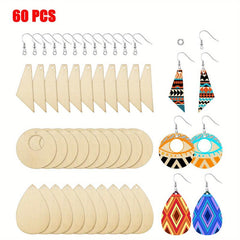 60pcs Unfinished Wooden Earrings Pendants DIY Kit