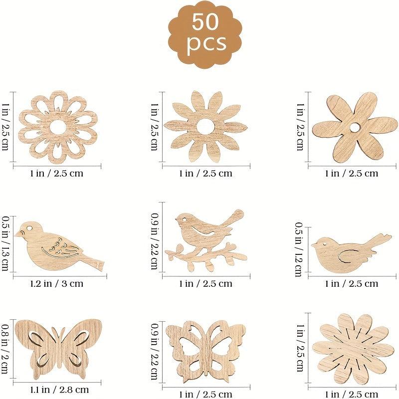 50pcs Wooden Cutouts Bird Butterfly Flower Slices Embellishments DIY Craft Mixed