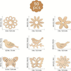 50pcs Wooden Cutouts Bird Butterfly Flower Slices Embellishments DIY Craft Mixed
